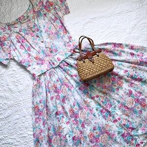 Vintage 80s Sarin Floral Cotton Short Sleeve Belted Midi Dress Small - Medium